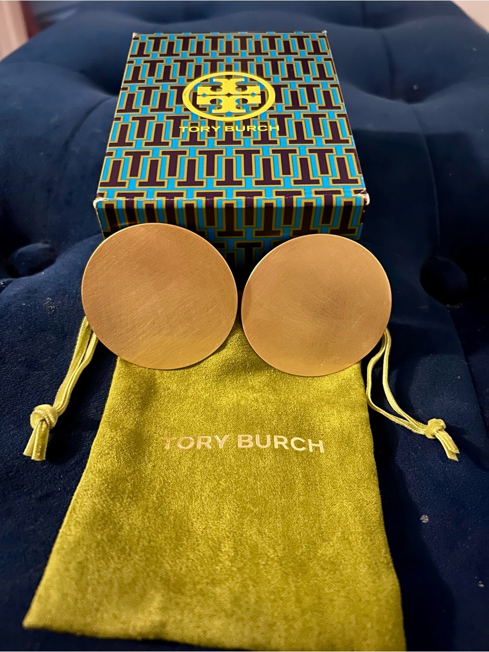 Tory Burch Brushed Gold Round 2” Disc Clip-on Earrings